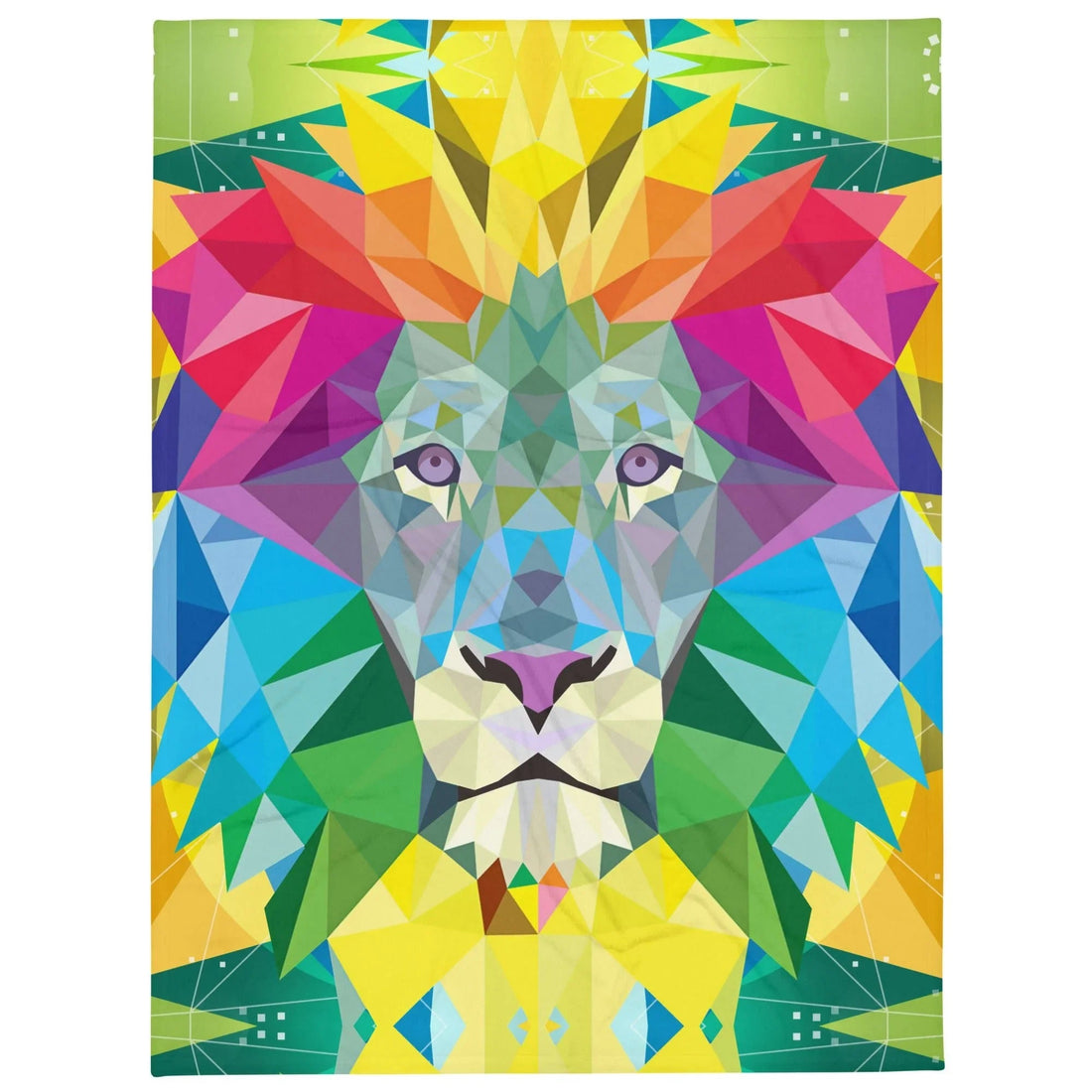 A majestic lion's head is rendered in a vibrant low-poly geometric style, composed of sharp tessellated triangles (mimicking stained glass or futuristic wireframes). Contact us with accessibility feedback, we'd love to help!