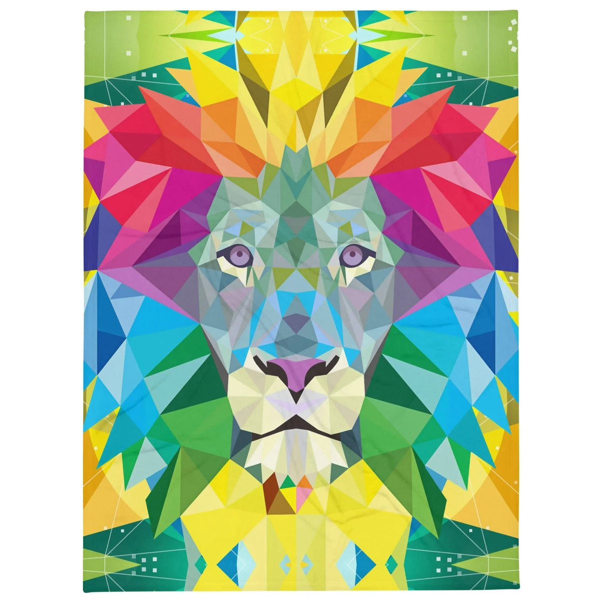 Spiritual Lion Plush Blanket - The fragmented, tessellated construction of the mane shifting from deep magenta (#DC143C) to electric daffodil (#FFD700), mimicking the ubiquitous "low-poly" desktop wallpaper style of 2014.