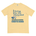 Swing For The Retarded T-Shirt - The stark juxtaposition of the innocent dusty azure (#3E6D9C) golf iconography with cool grey accents (#D9D9D9) against the now-taboo terminology of the 1982 event title, all set on a soft pale buttercream base (#F2E3B1).