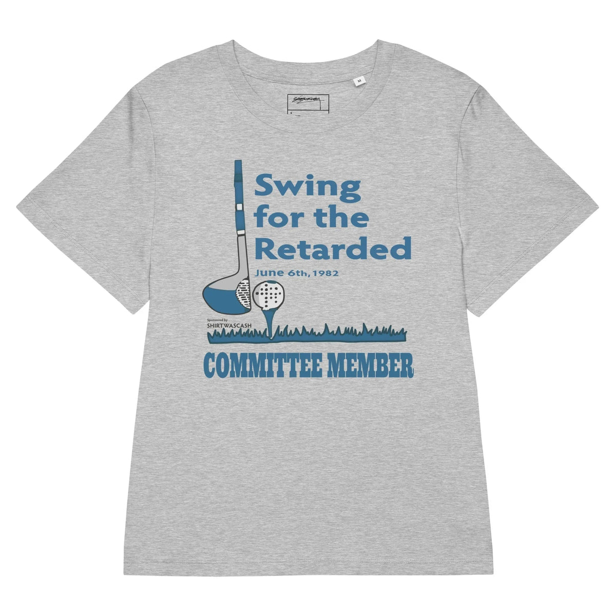 Swing For The Retarded Women's Tee - The jarring juxtaposition of the polite serif font reading "Swing for the Retarded" in muted steel blue (#3A6D99) against the gentle pale lavender mist (#E3DDF2) base.