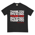 Thank You Stealing T-Shirt - The iconic repeated block text layout in commercial red (#D21F3C) on a stark white base (#FFFFFF), mimicking the ubiquitous disposable polyethylene shopping sack, subverted by the 