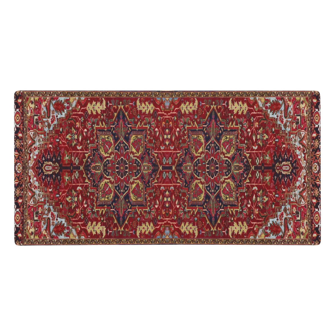 A high-fidelity reproduction of a traditional Persian-style rug anchors this design in a rich cardinal crimson base. Contact us with accessibility feedback, we'd love to help!