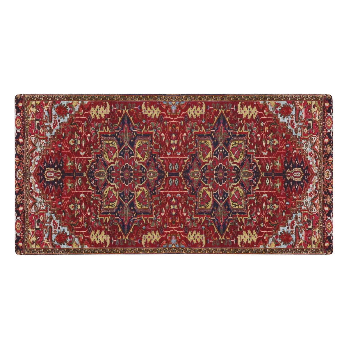 A high-fidelity reproduction of a traditional Persian-style rug anchors this design in a rich cardinal crimson base. Contact us with accessibility feedback, we'd love to help!