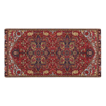 A high-fidelity reproduction of a traditional Persian-style rug anchors this design in a rich cardinal crimson base. Contact us with accessibility feedback, we'd love to help!