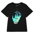 The Wizard's Hand Women's Tee - The jarring contrast between the spectral teal skin (#5FD3C4) and the raw salmon-pink flesh (#E99C7A) exposed at the severed wrist cross-section.