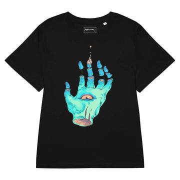 The Wizard's Hand Women's Tee - The jarring contrast between the spectral teal skin (#5FD3C4) and the raw salmon-pink flesh (#E99C7A) exposed at the severed wrist cross-section.