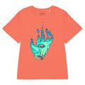 The Wizard's Hand Women's Tee in Midnight Spectral Cyan. GOTS Certified, OCS Certified, Eco-Certified Inks.
