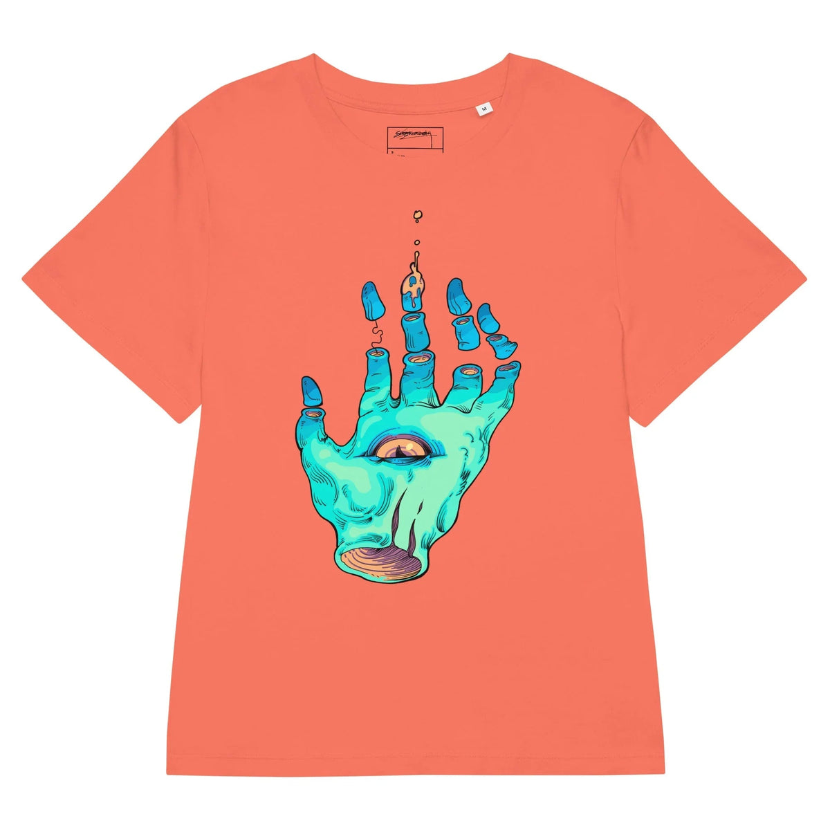 The Wizard's Hand Women's Tee in Midnight Spectral Cyan. GOTS Certified, OCS Certified, Eco-Certified Inks.