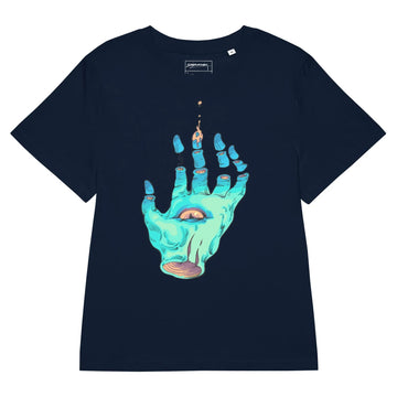 Set against profound, inky midnight navy, a surreal illustration depicts a severed hand in spectral bioluminescent aquamarine and shadowed teal. Contact us with accessibility feedback, we'd love to help!