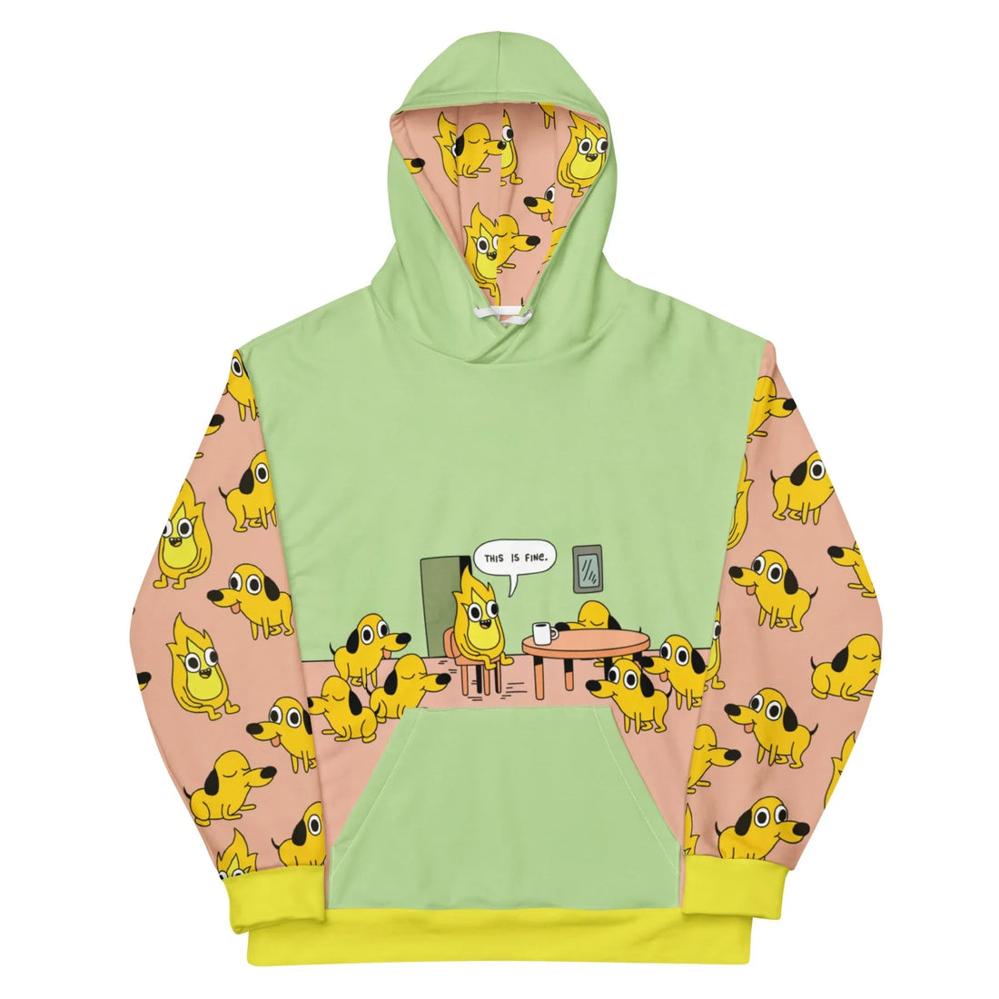 Set against soft mint, a subverted internet meme depicts a comic strip hound made of bright yellow flames sitting calmly with coffee (uttering "THIS IS FINE") while non-burning dogs surround him. Contact us with accessibility feedback, we'd love to help!