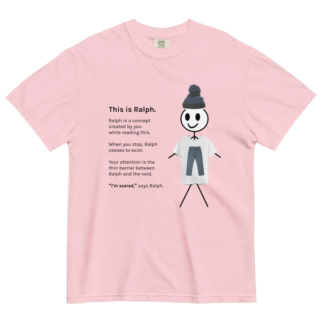 This is Ralph T-Shirt - The jarring juxtaposition of a crude, hand-drawn stick figure wearing high-fidelity photographic stone wash denim (#5D8AA8) and a realistic cable-knit beanie (#708090 slate grey and #4682B4 steel blue accents).