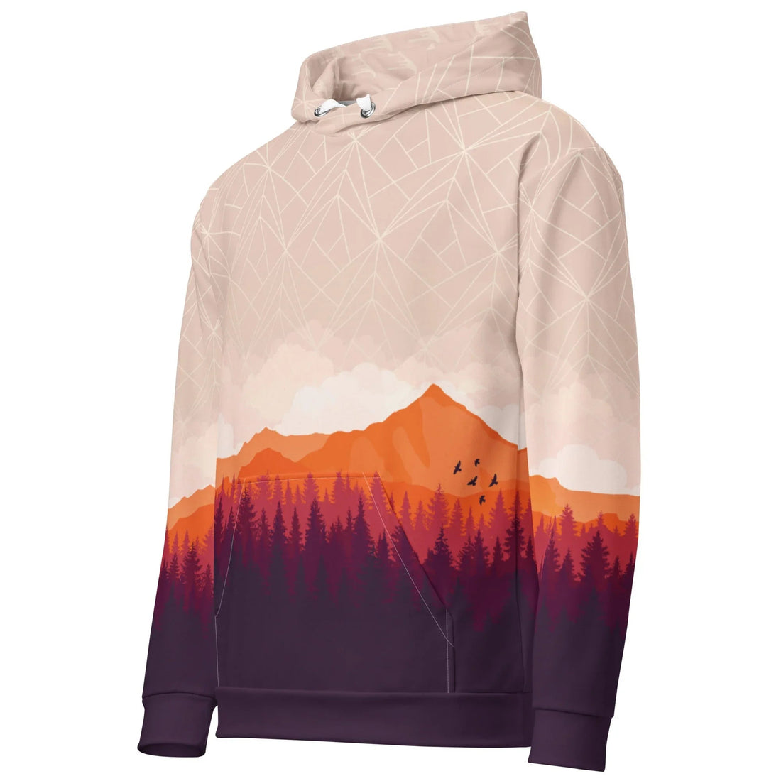 Unfinished Game Hoodie - The specific transition from an untextured "blush base" (#FFE4E1) wireframe grid into fully rendered "sunset orange" (#FF5500) flat-shaded polygons.