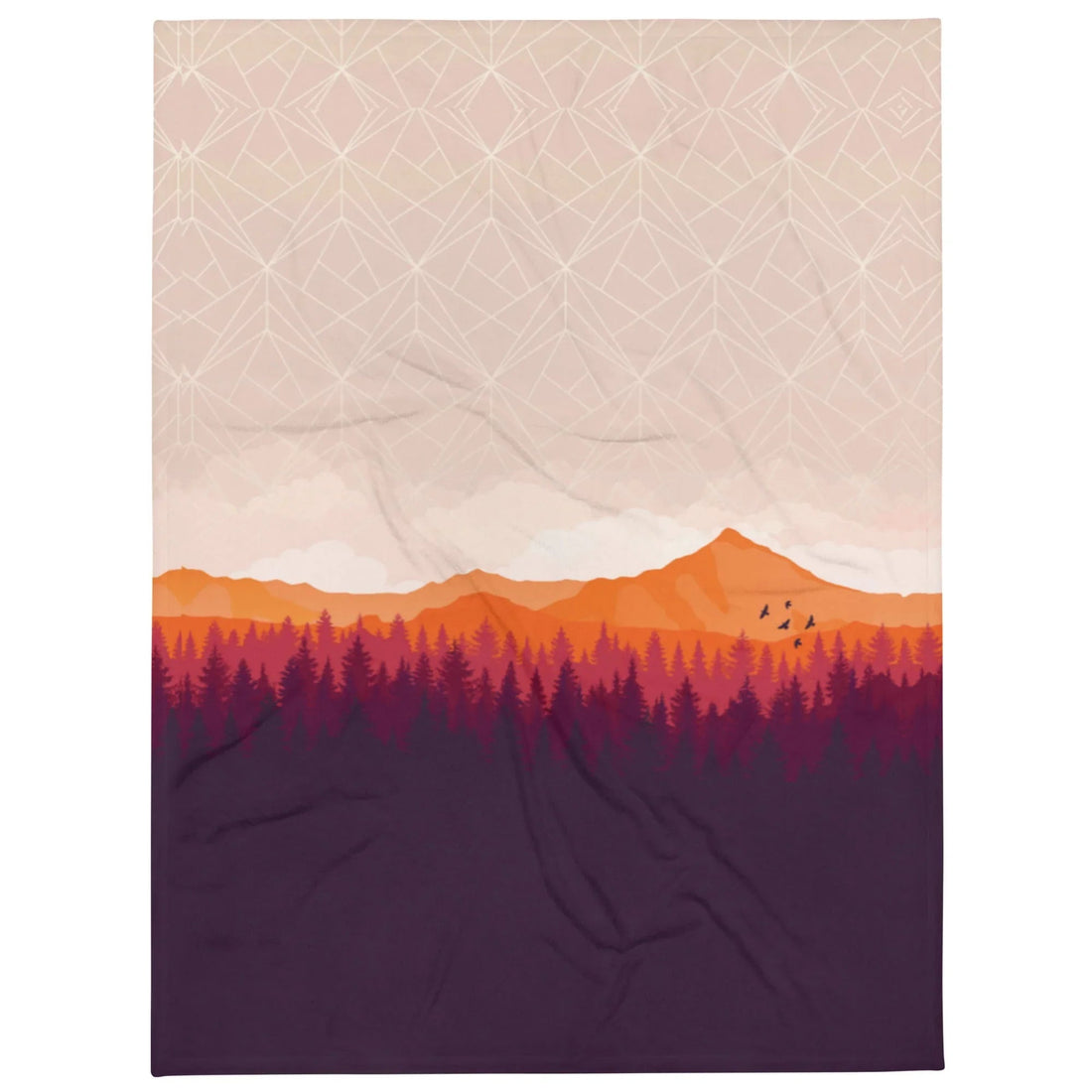 This stylized landscape blends nature with digital abstraction, featuring a dusty peach sky overlaid with a white geometric wireframe mesh (evoking a low-poly adventure game). Contact us with accessibility feedback, we'd love to help!