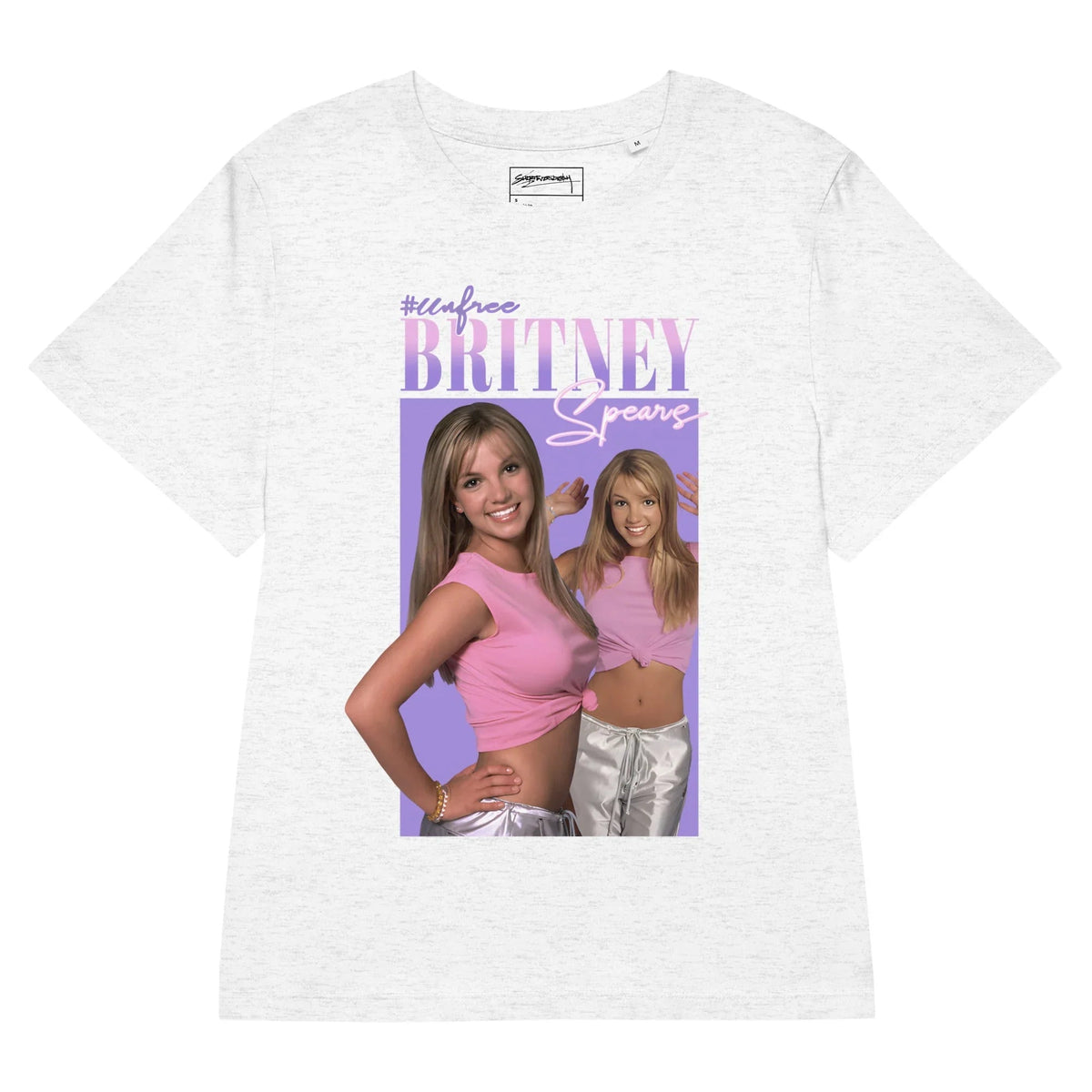Unfree Britney Women's Tee in Y2K Amethyst Pop. GOTS Certified, OCS Certified, Eco-Certified Inks.