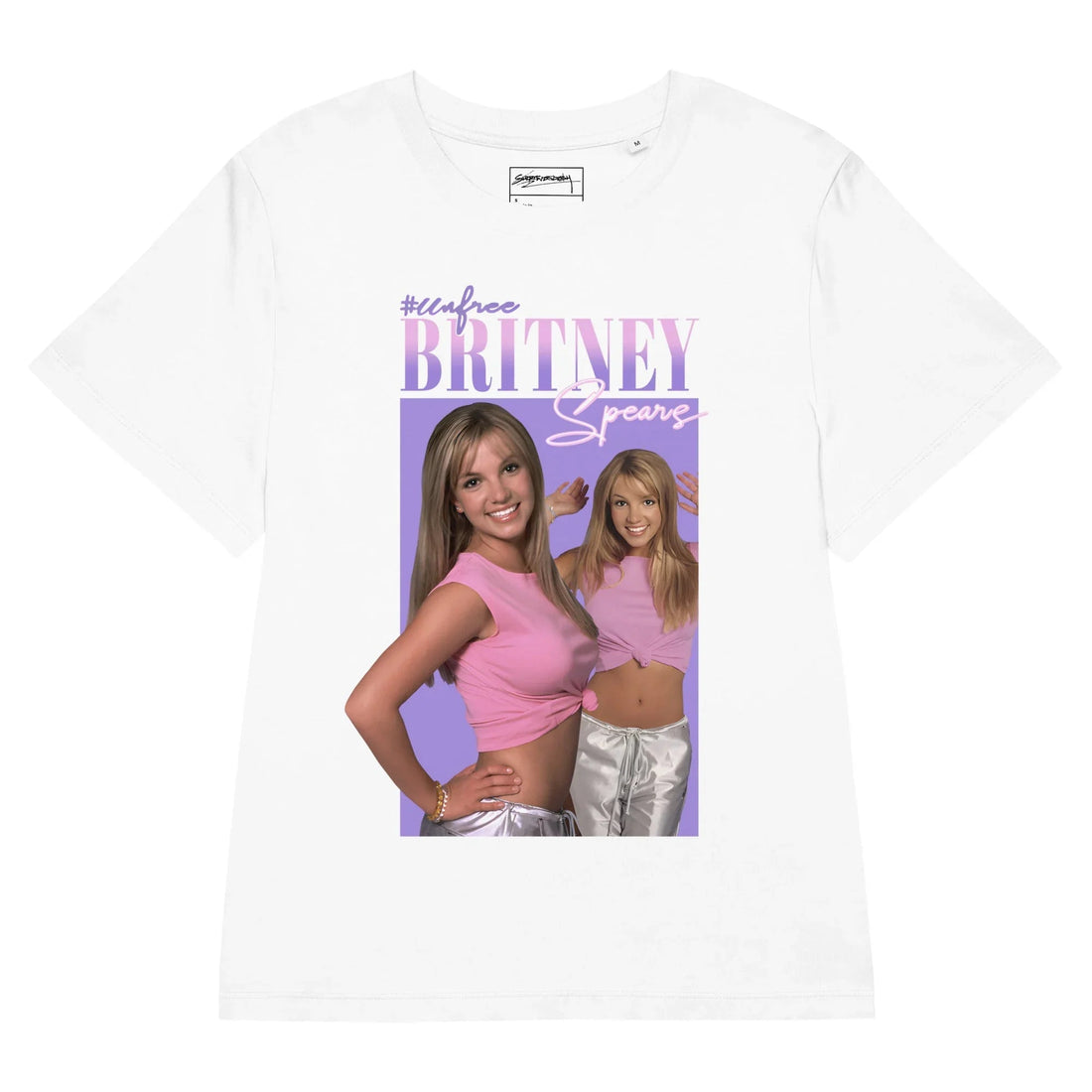 Centered on optical white, a rectangular graphic evokes Y2K nostalgia with a smiling blonde icon posed against medium amethyst purple. Contact us with accessibility feedback, we'd love to help!