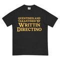 Writtin Directino T-Shirt - The muted maize yellow (#EBC264) vintage serif font mimicking a 1970s B-movie title card combined with the deliberate syntax scrambling of the director's name, all set against a desaturated cocoa brown (#8C7662) background.