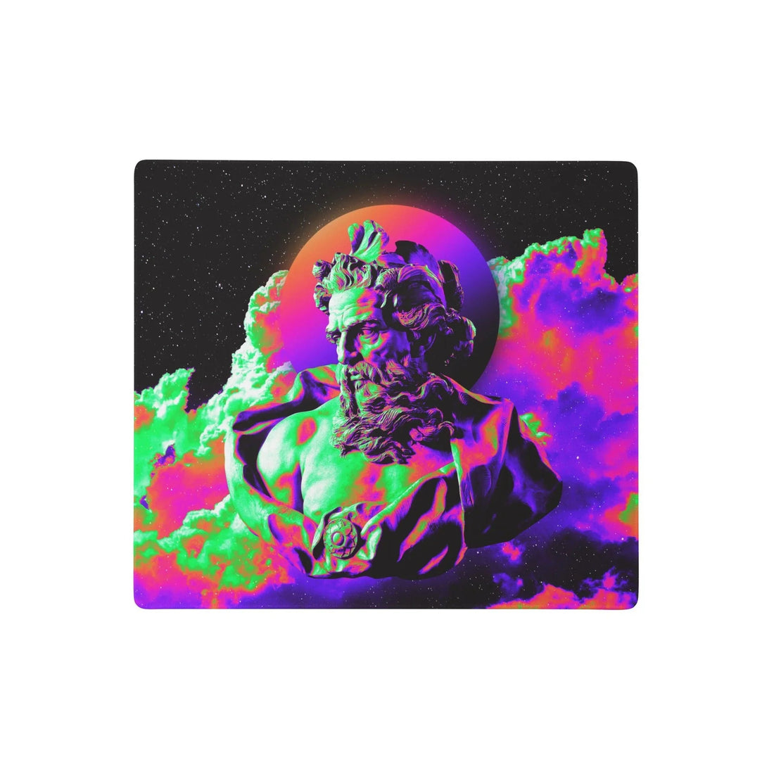 Anchoring a collision of classical antiquity and futuristic vaporwave, a hyper-stylized bust of a bearded Hellenistic deity is rendered with metallic, iridescent shading. Contact us with accessibility feedback, we'd love to help!
