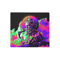 Zeus Mode Desk Mats - The juxtaposition of a classical Greek stone visage against an acid green (#39FF14) and neon magenta (#FF00FF) cosmic backdrop.