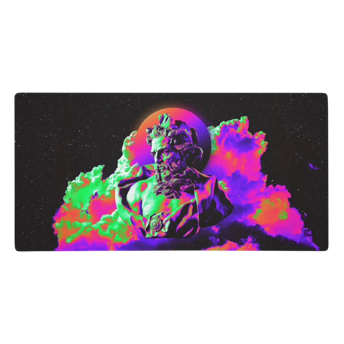 Anchoring a collision of classical antiquity and futuristic vaporwave, a hyper-stylized bust of a bearded Hellenistic deity is rendered with metallic, iridescent shading. Contact us with accessibility feedback, we'd love to help!